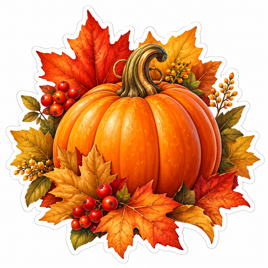 Orange Pumpkin with Autumn Leaves Vinyl Decal Stickers