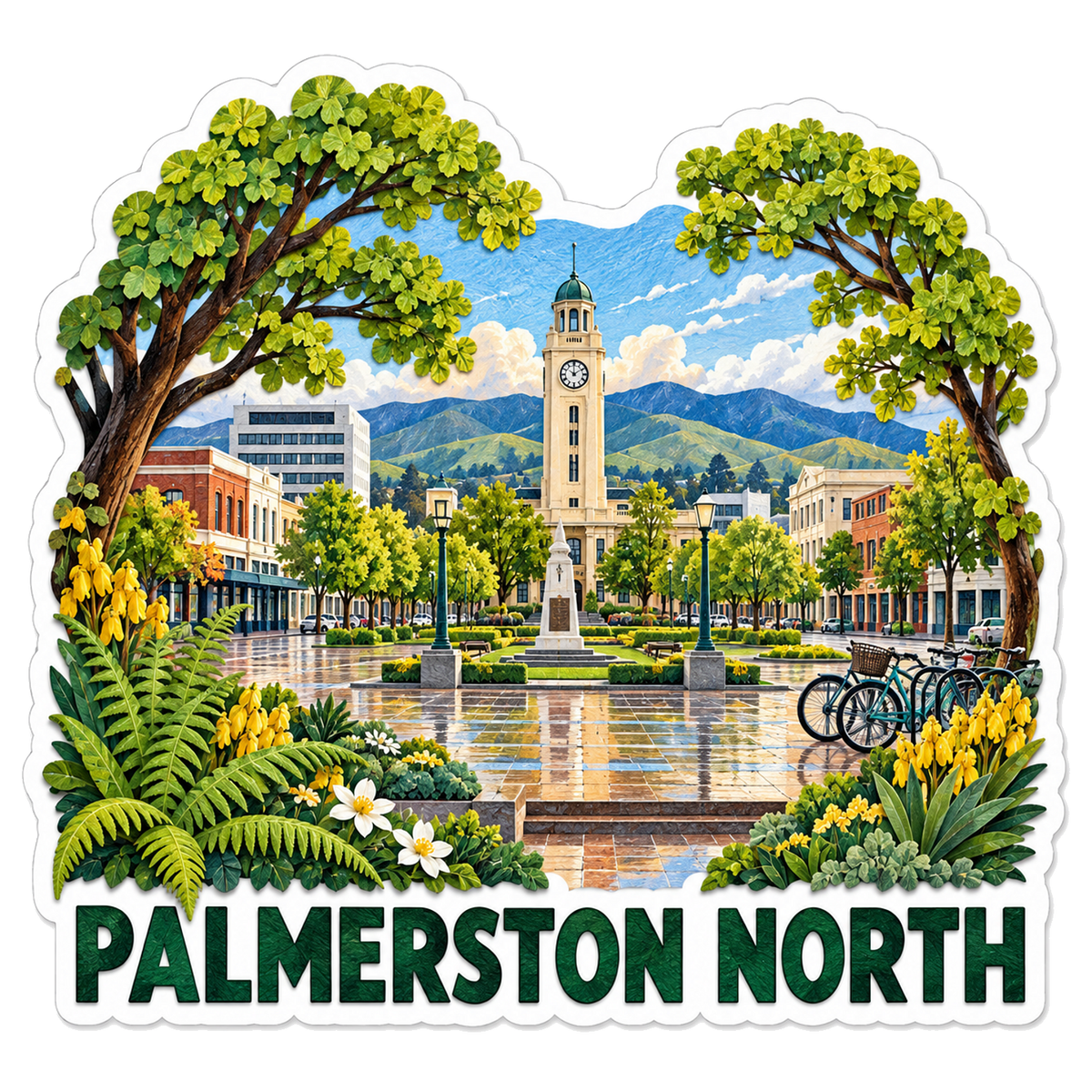 Palmerston North Clocktower Spring Square Art Vinyl Decal Stickers