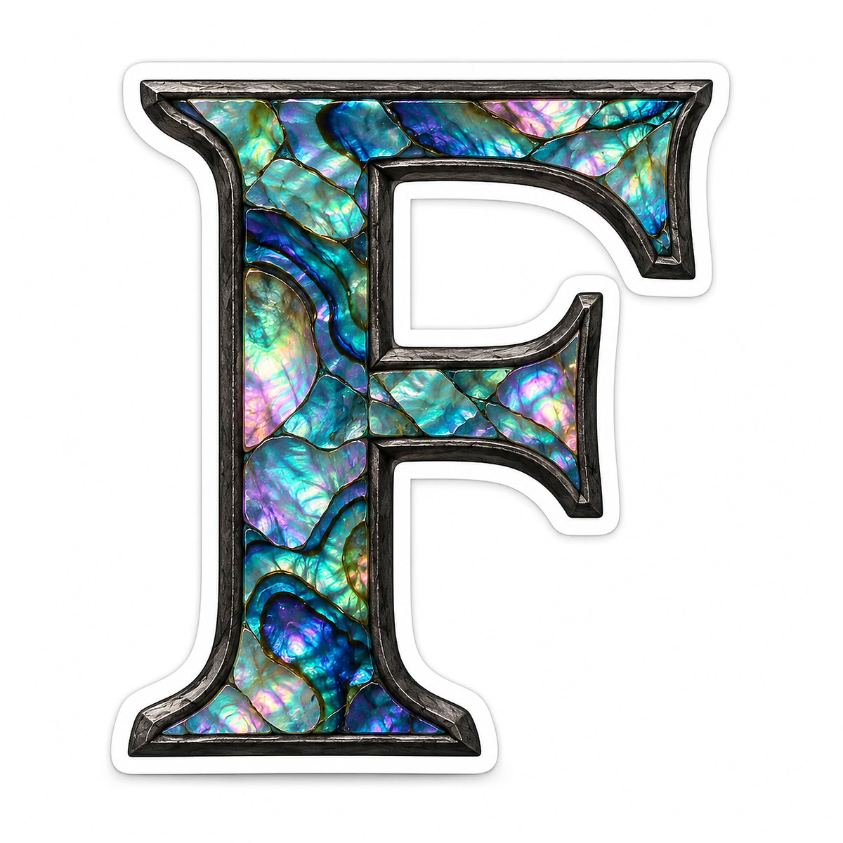 Iridescent Shell Letter F with Black Edge Art Vinyl Decal Stickers