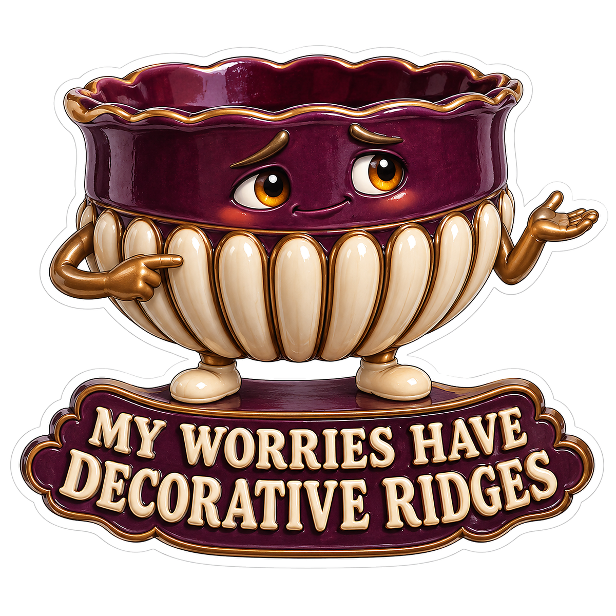 Purple Fluted Bowl Character With Gold Arms Vinyl Decal Stickers