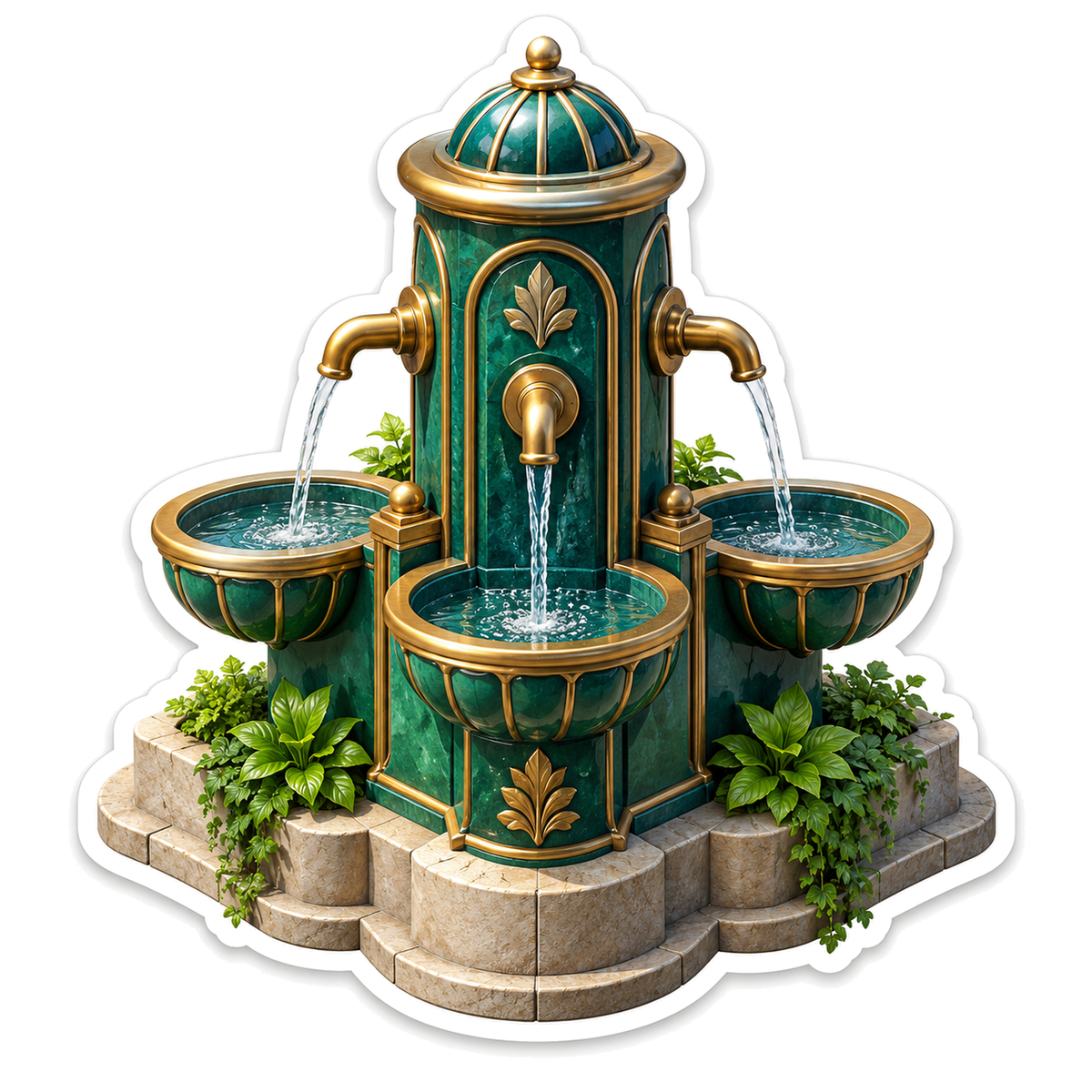 Green Golden Outdoor Fountain with Three Bowls Vinyl Decal Stickers