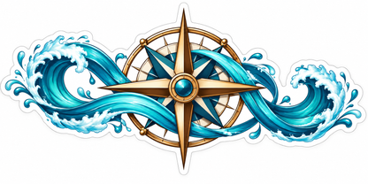 Golden Compass Rose with Curling Ocean Waves Vinyl Decal Stickers