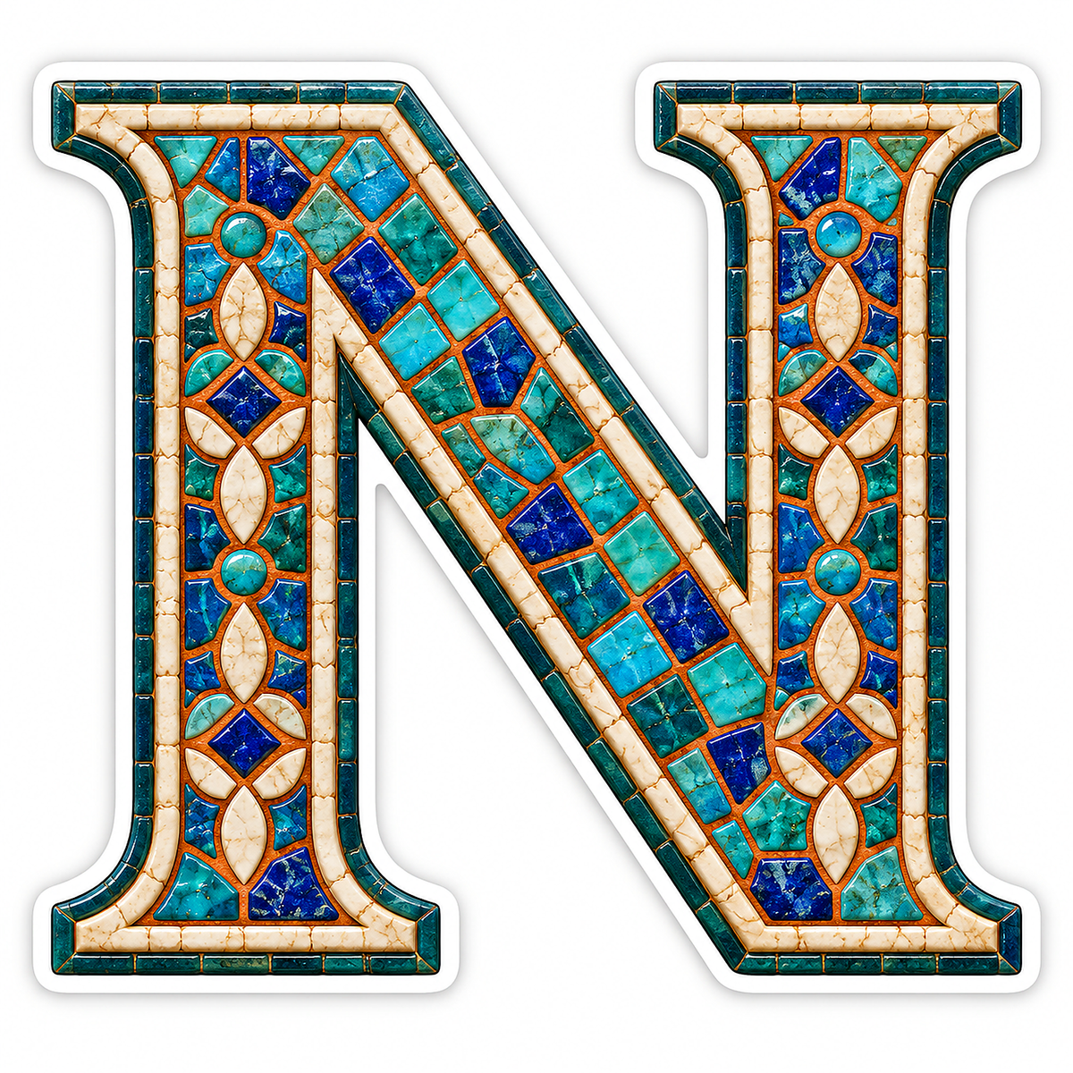 Turquoise Mosaic Ivory Border Letter N Vinyl Decal Stickers
