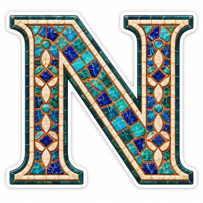 Turquoise Mosaic Ivory Border Letter N Vinyl Decal Stickers