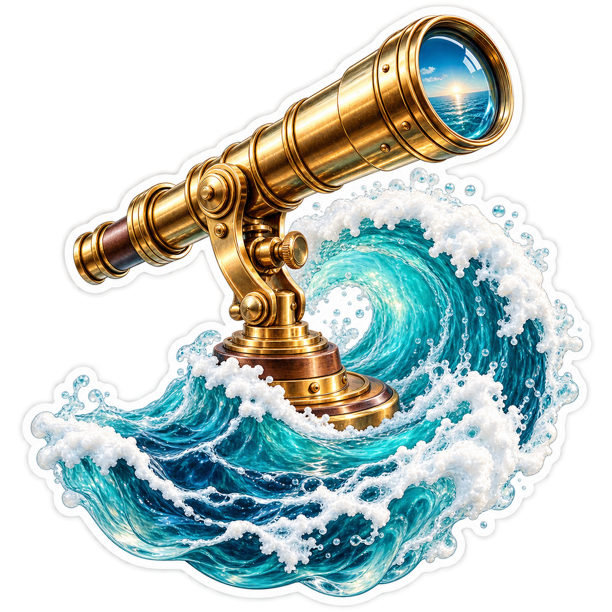 Brass Telescope among Curling Blue Waves Vinyl Decal Stickers