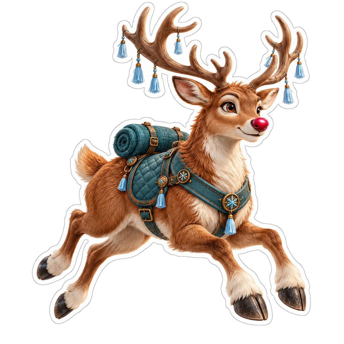 Reindeer with Blue Harness and Hanging Bells Vinyl Decal Stickers