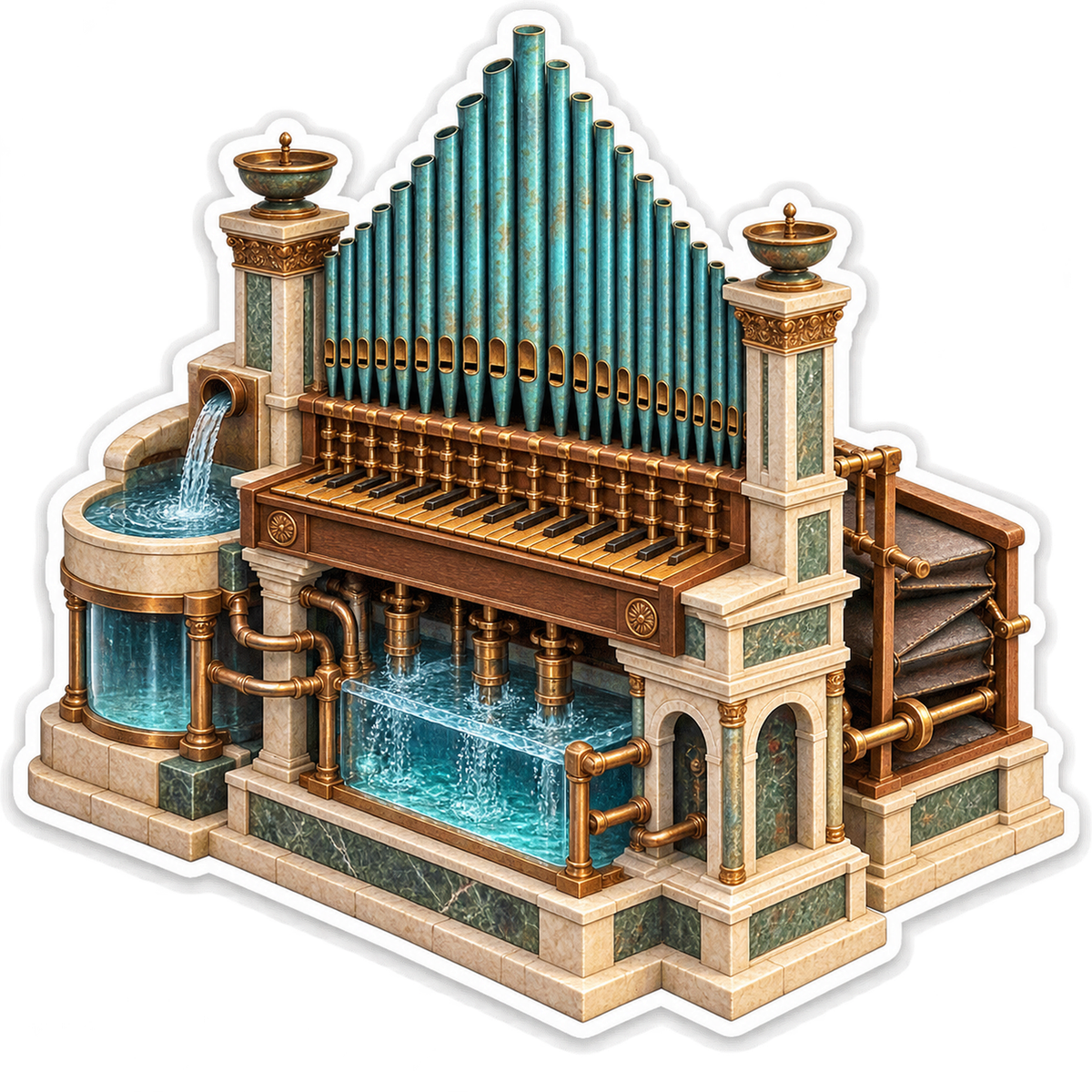 Teal Pipe Organ Above Flowing Water Basins Art Vinyl Decal Stickers