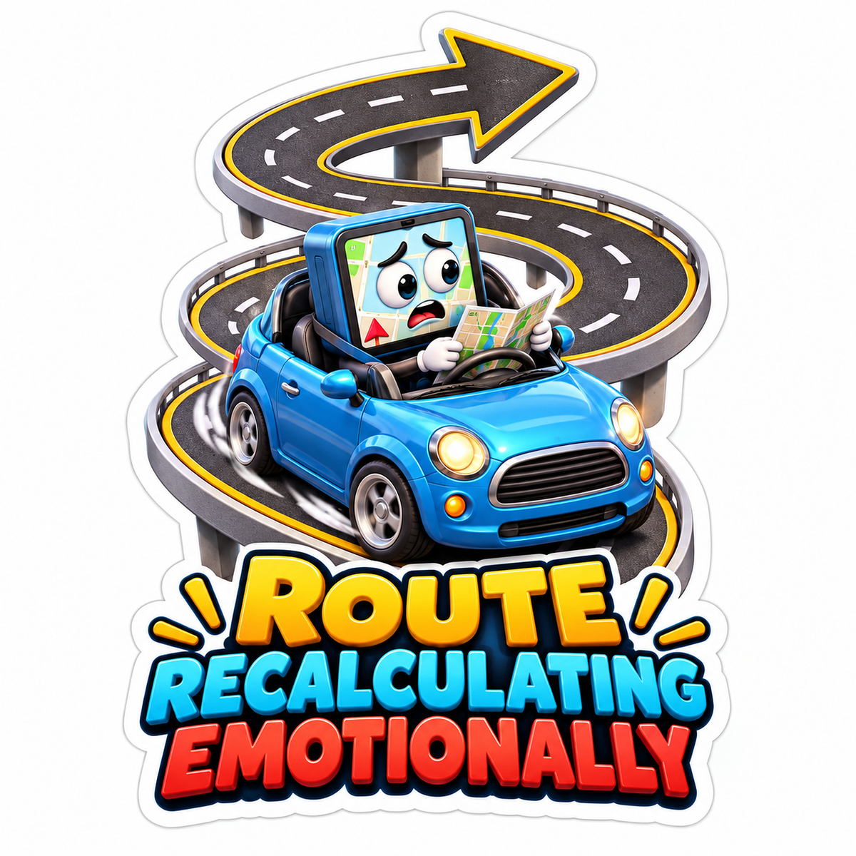 Blue Car with Winding Road and Map Art Vinyl Decal Stickers