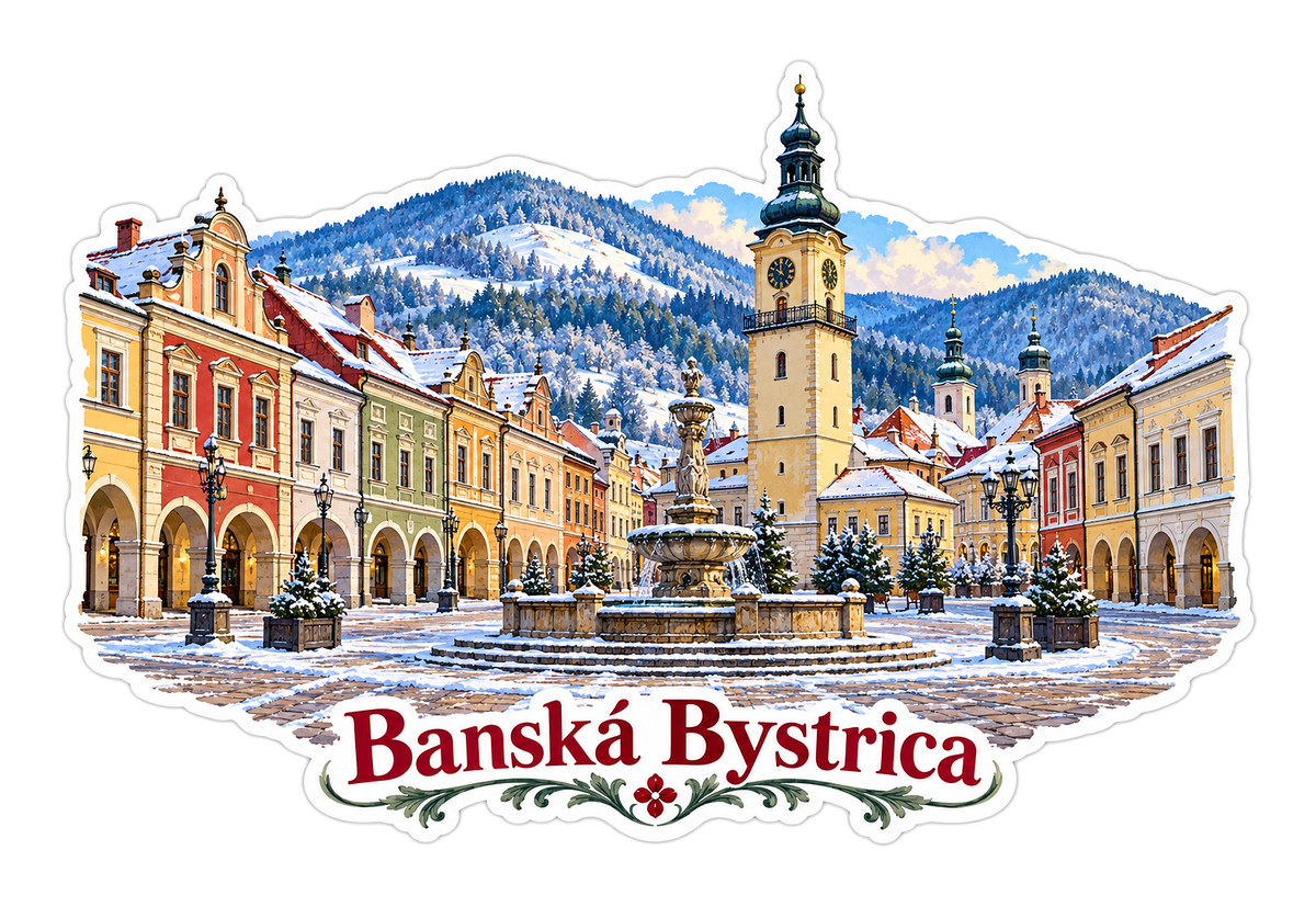 Banska Bystrica Snowy Square and Clock Tower Vinyl Decal Stickers