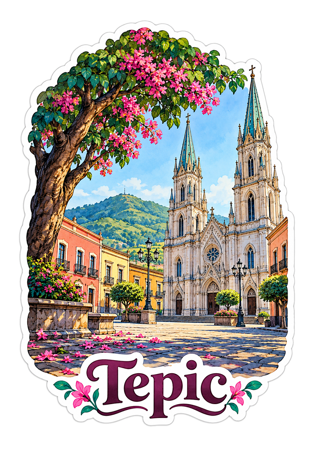 Tepic Twin Spire Cathedral and Flowering Tree Vinyl Decal Stickers