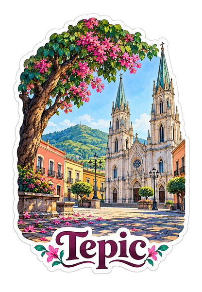 Tepic Twin Spire Cathedral and Flowering Tree Vinyl Decal Stickers