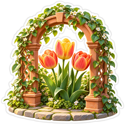 Tulips beneath Terracotta Garden Arch Vinyl Decal Stickers
