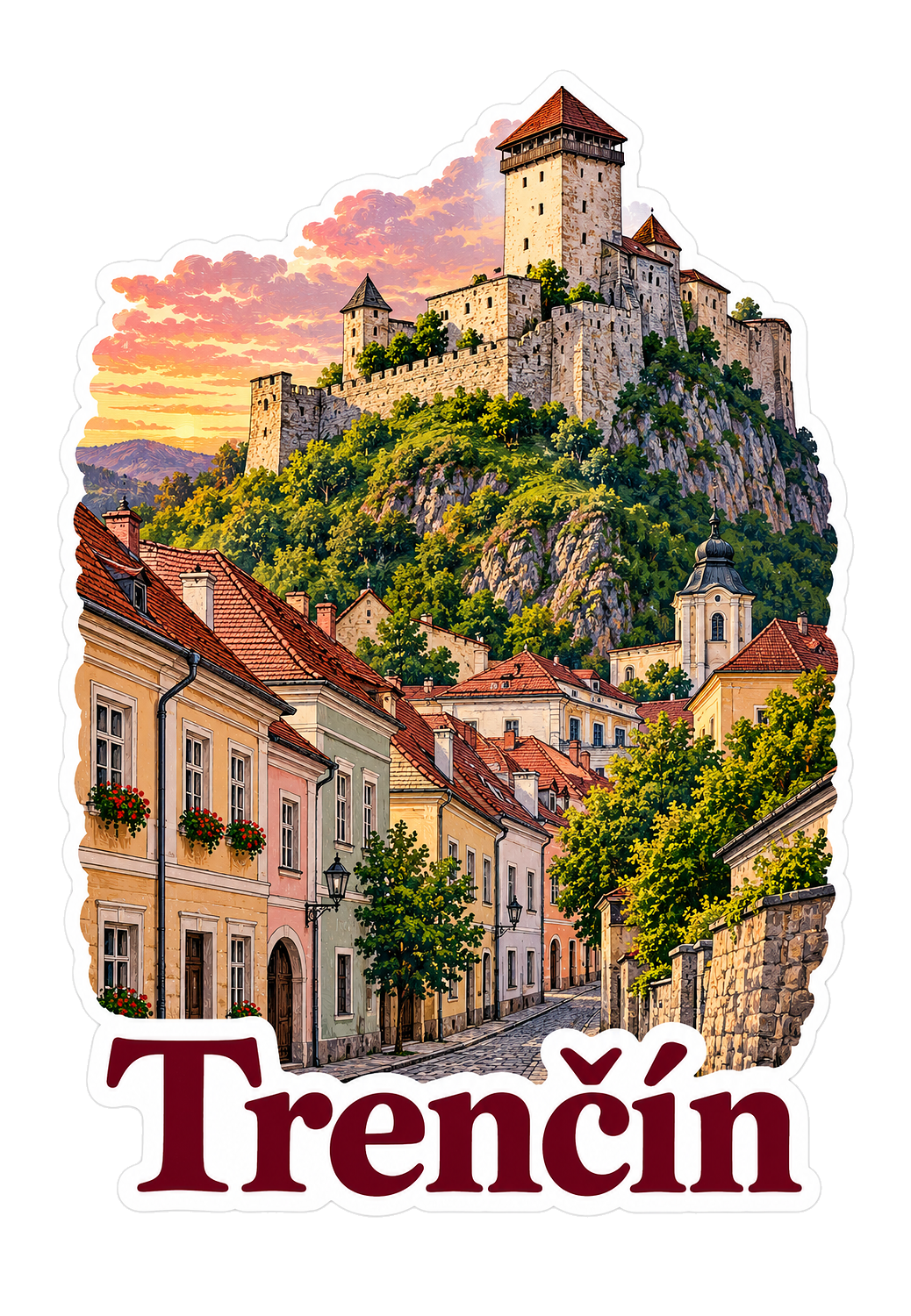 Trencin Hilltop Castle and Old Town Art Vinyl Decal Stickers