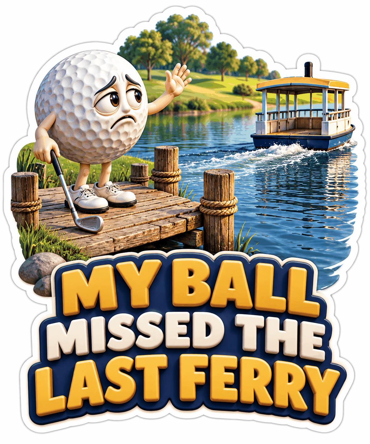 Golf Ball Missing Ferry at Wooden Dock Art Vinyl Decal Stickers