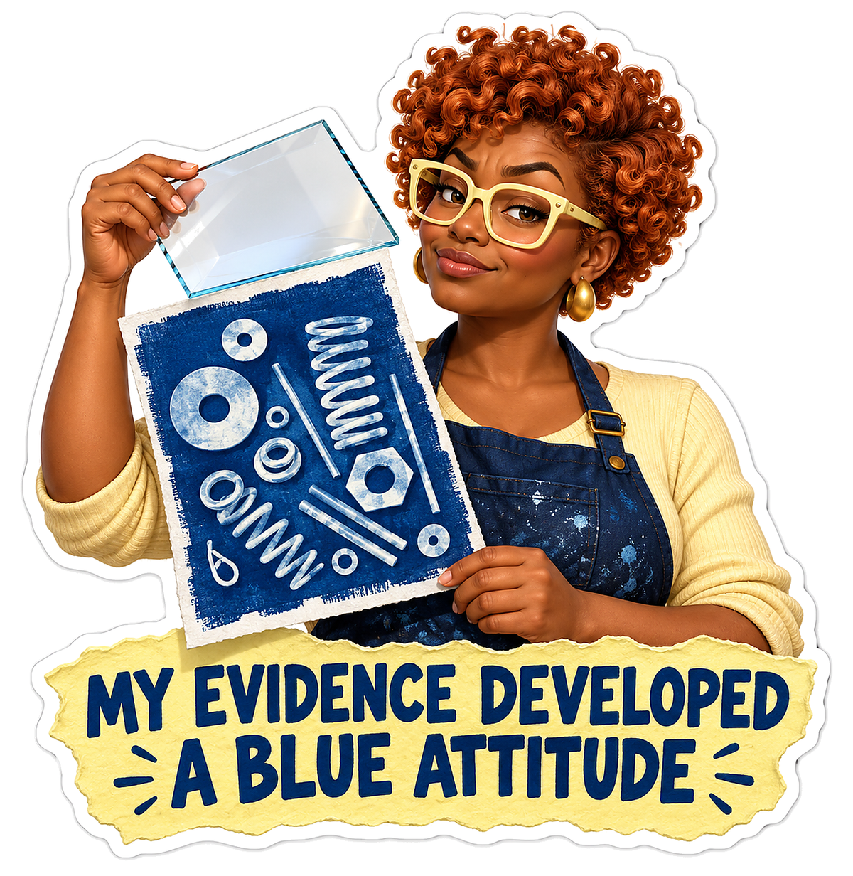 Woman Revealing Blue Print of Small Metal Parts Vinyl Decal Stickers