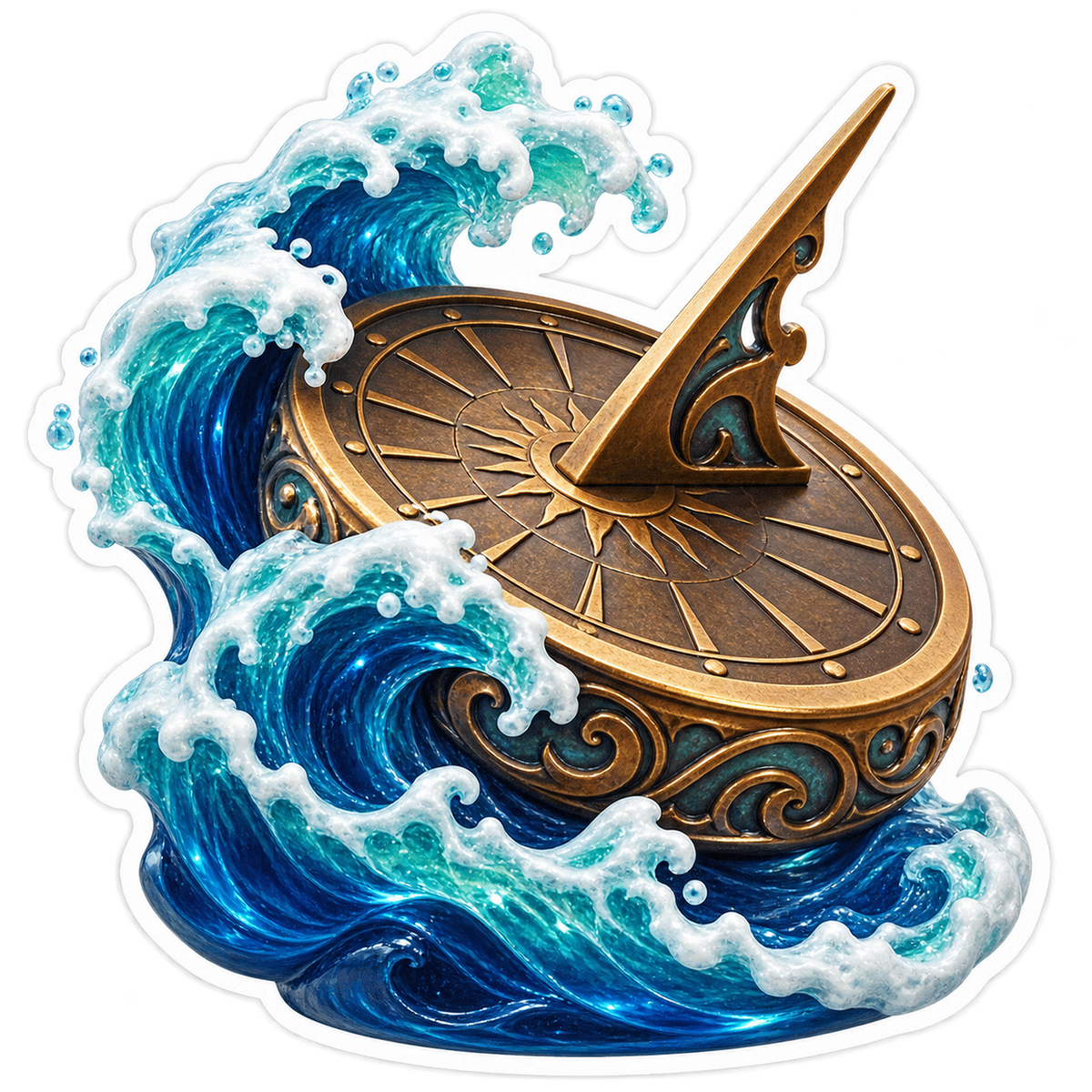 Bronze Sundial among Foaming Blue Waves Vinyl Decal Stickers