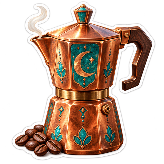 Copper Coffee Pot with Teal Crescent Moon Vinyl Decal Stickers