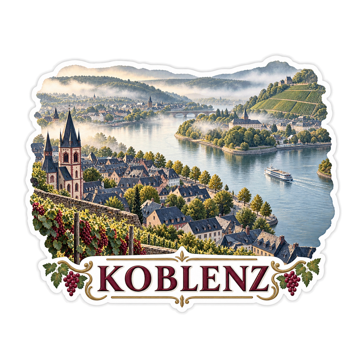 Koblenz River Vineyard Mist Landscape Vinyl Decal Stickers