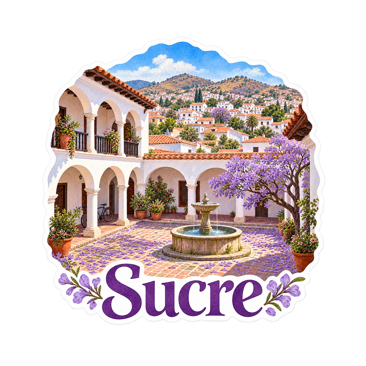 Sucre White Courtyard with Purple Flowers Art Vinyl Decal Stickers