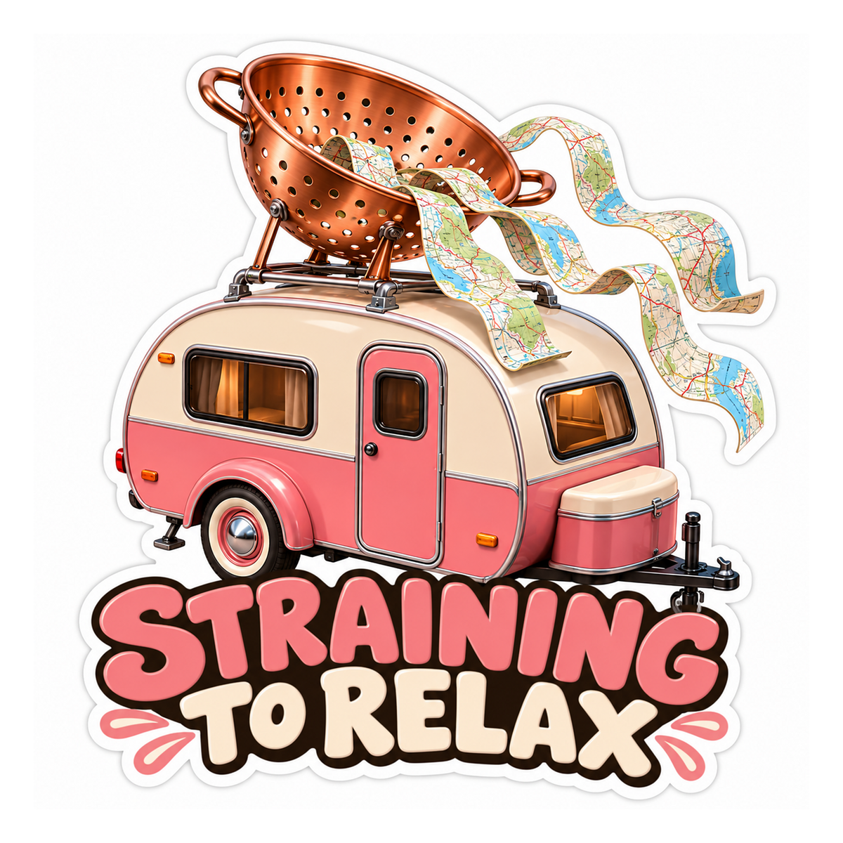 Pink Camper with Copper Colander and Maps Vinyl Decal Stickers