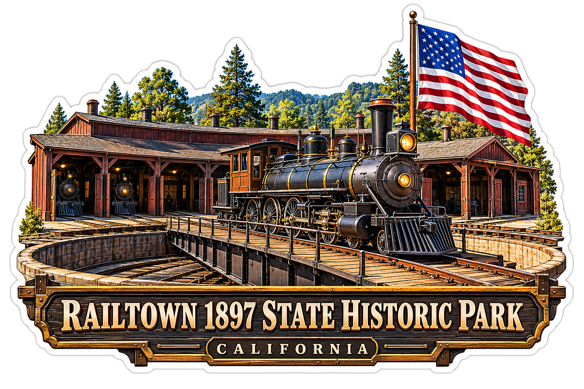 Railtown Steam Engine and US Flag Vinyl Decal Stickers
