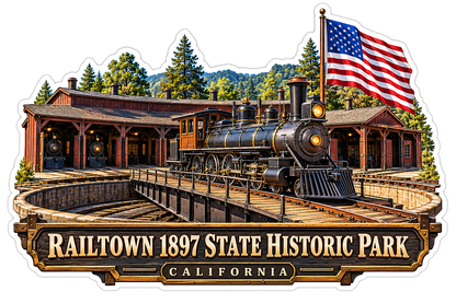Railtown Steam Engine and US Flag Vinyl Decal Stickers