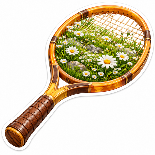 Golden Tennis Racket with White Daisy Meadow Vinyl Decal Stickers