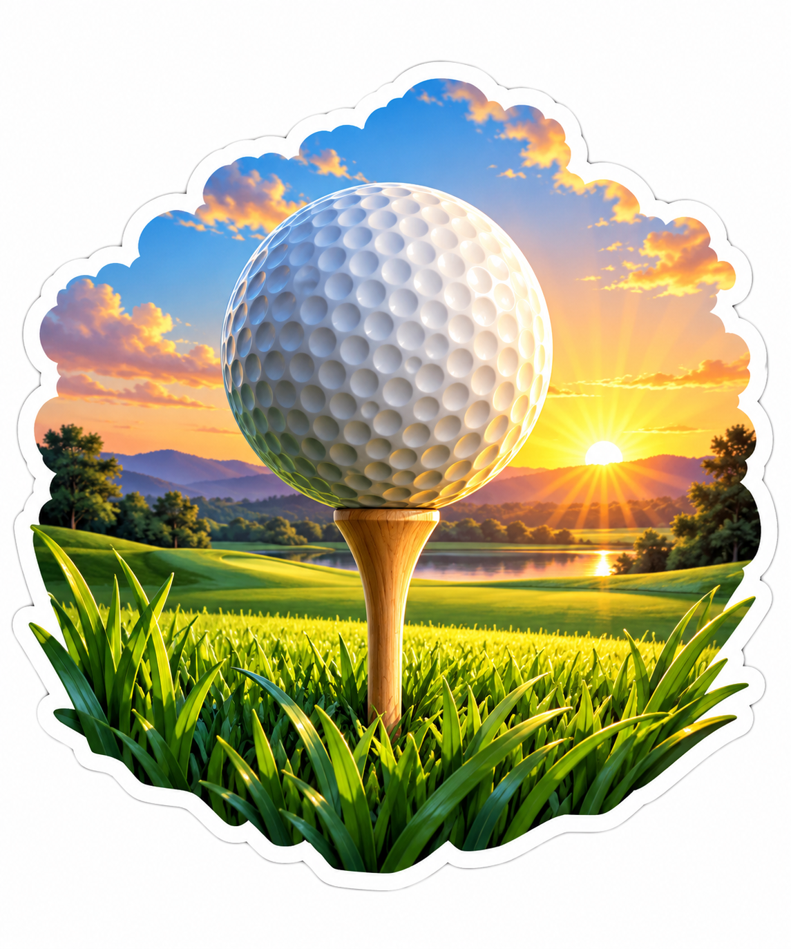 Golf Ball on Tee at Golden Sunrise Vinyl Decal Stickers