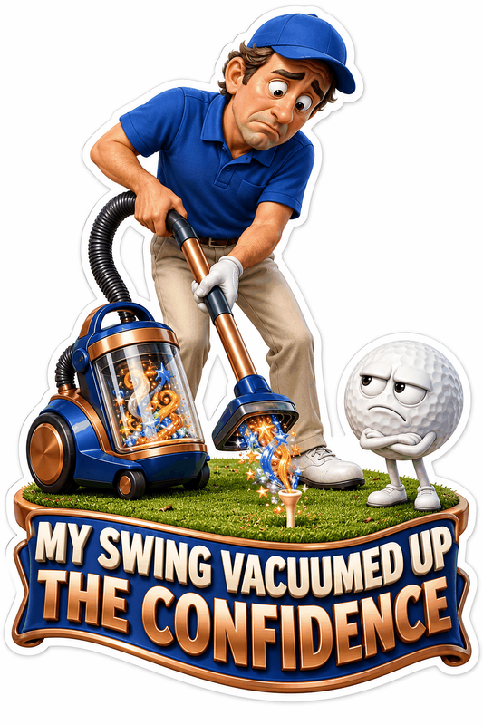 Golfer with Vacuum and Unhappy Ball Mascot Vinyl Decal Stickers