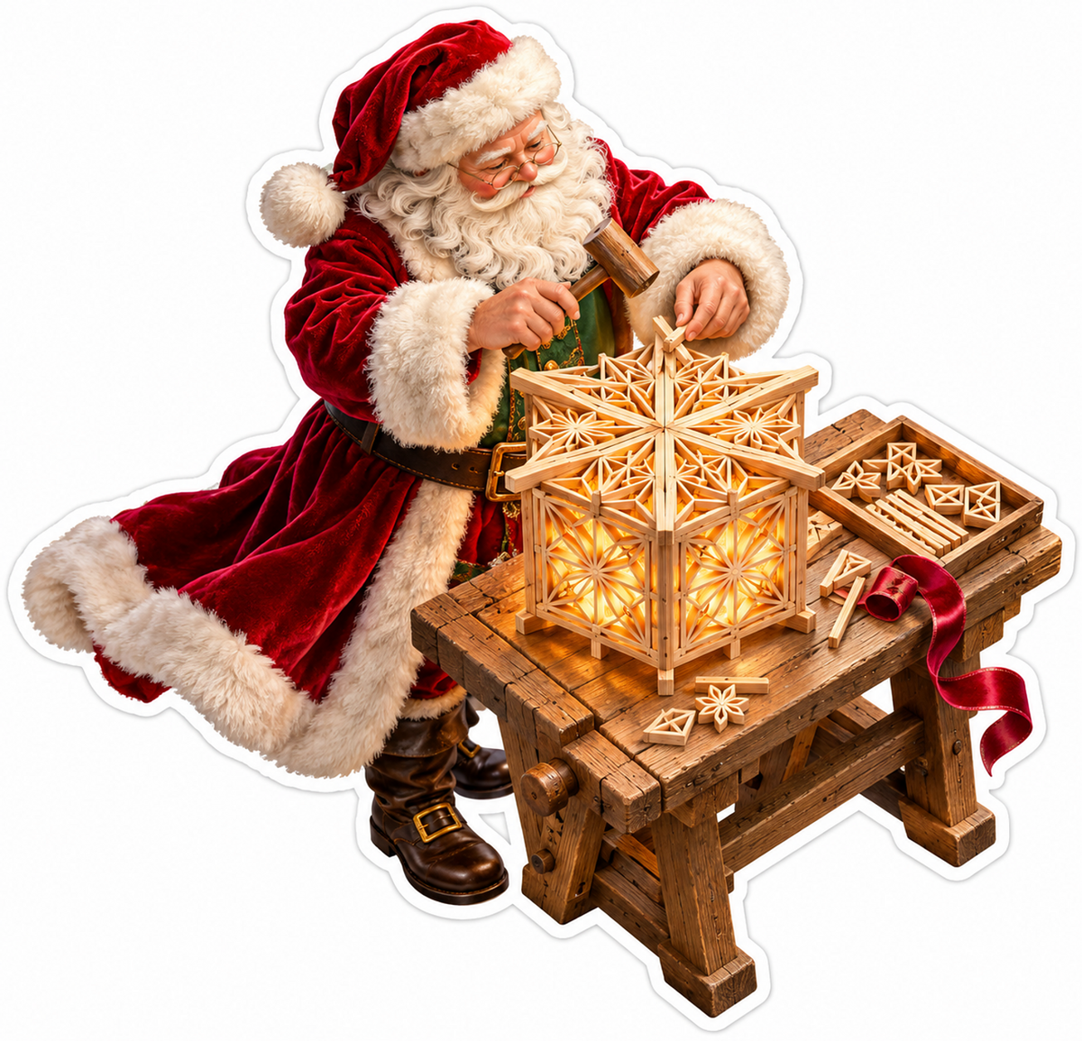 Santa Building a Glowing Wooden Star Lantern Vinyl Decal Stickers