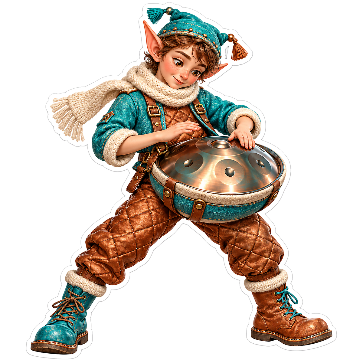 Teal Coat Elf Playing Handpan Art Vinyl Decal Stickers