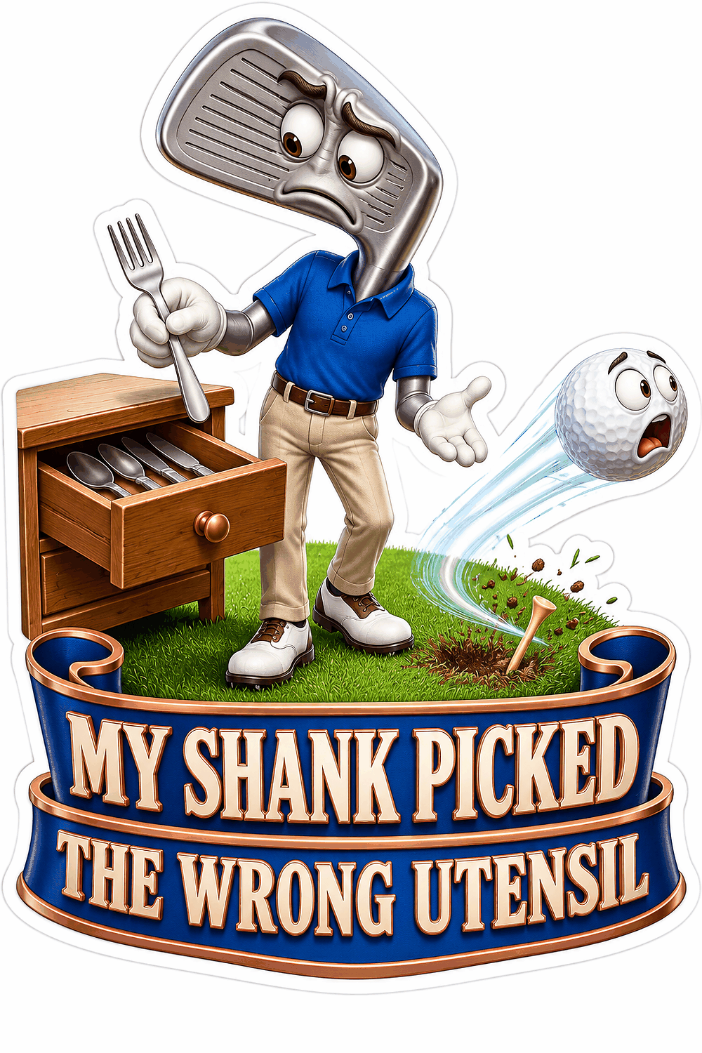Golf Club Mascot Holding Fork beside Drawer Vinyl Decal Stickers