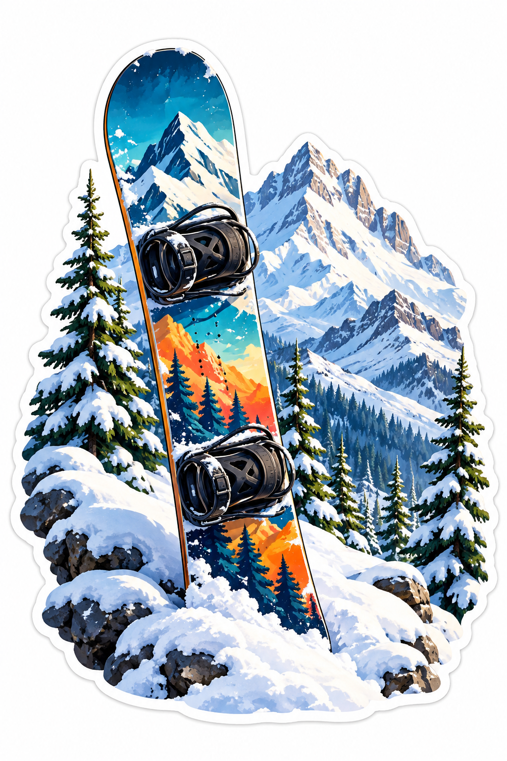 Snowboard beside Snowy Pine Mountains Vinyl Decal Stickers