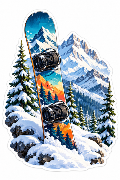 Snowboard beside Snowy Pine Mountains Vinyl Decal Stickers