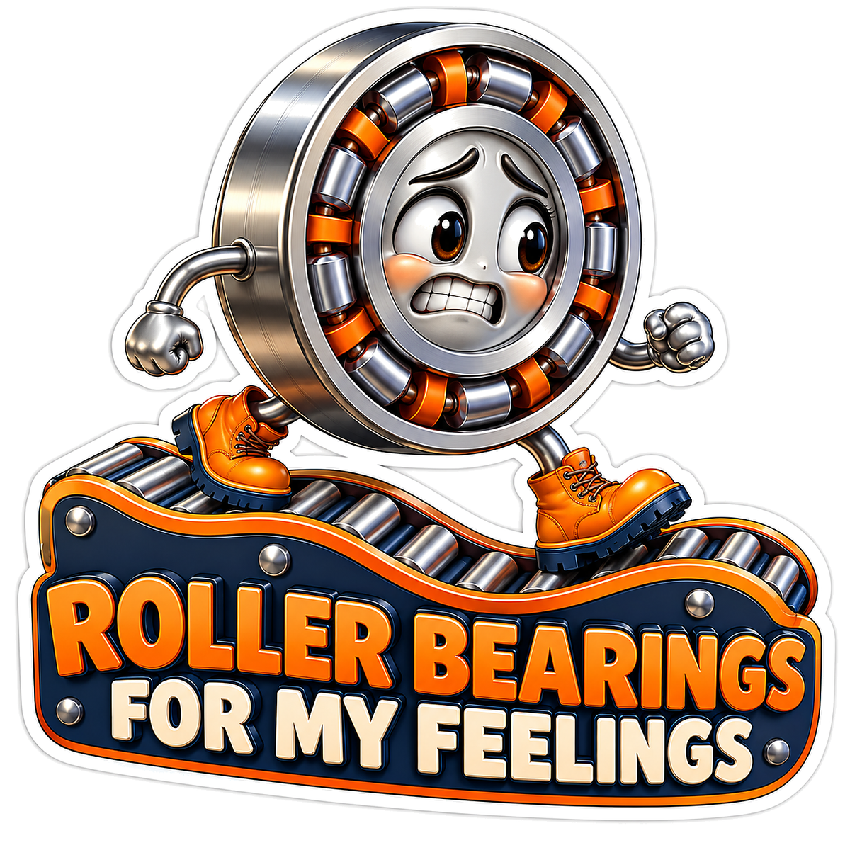 Worried Roller Bearing Mascot on Metal Tracks Vinyl Decal Stickers