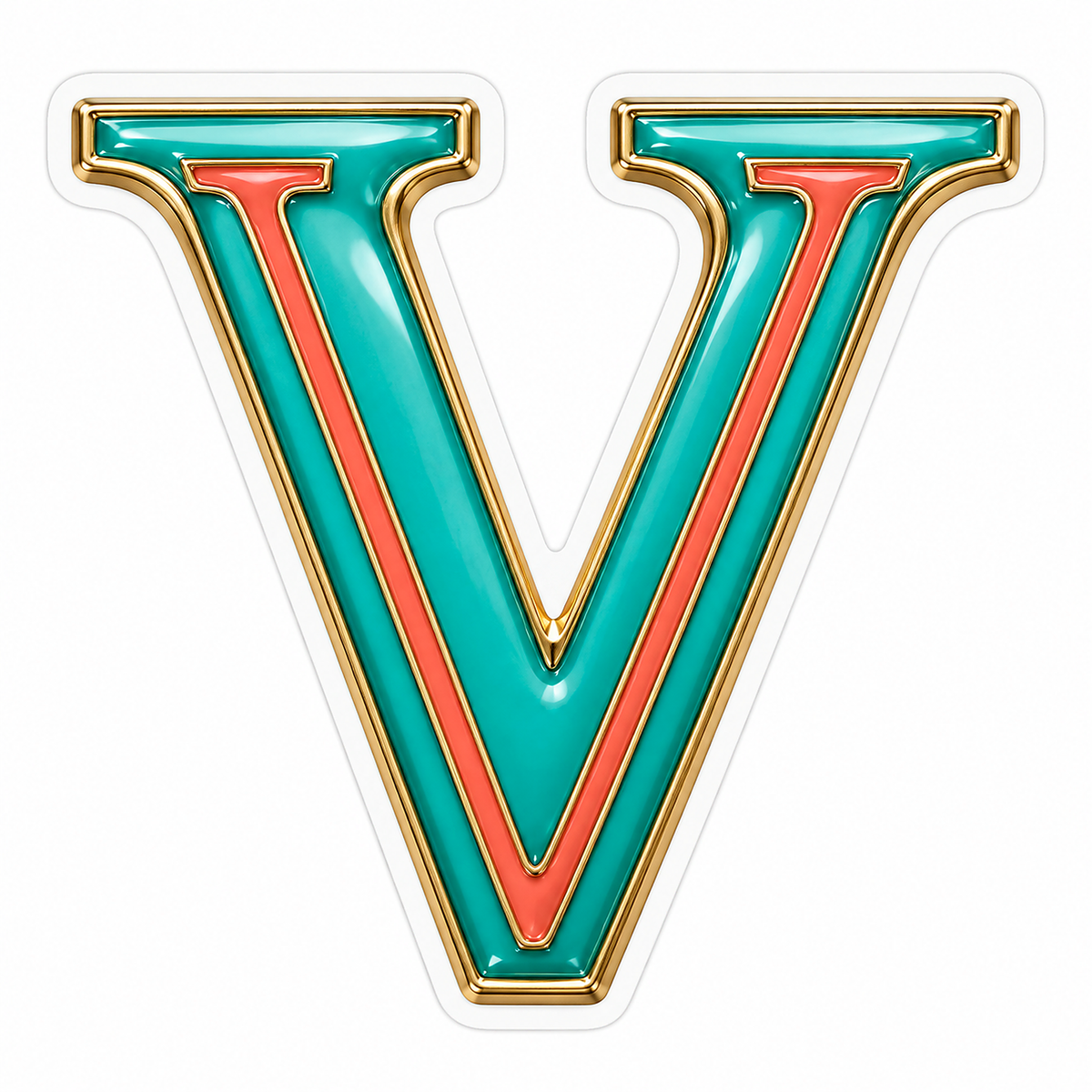 Aquamarine Coral Gold Border Letter V Vinyl Decal Stickers