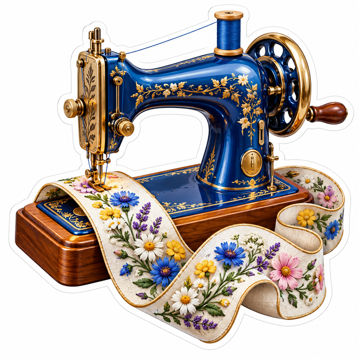 Blue Floral Sewing Machine and Ribbon Vinyl Decal Stickers
