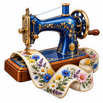 Blue Floral Sewing Machine and Ribbon Vinyl Decal Stickers