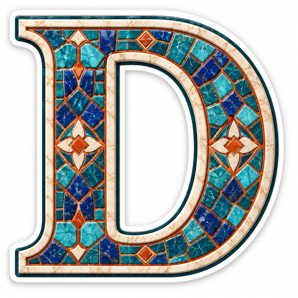Turquoise Mosaic Letter D with Cream Edge Art Vinyl Decal Stickers