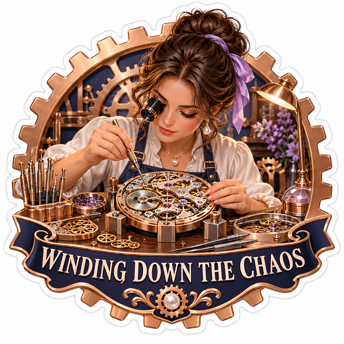 Woman Assembling Gears in Ornate Round Clock Vinyl Decal Stickers