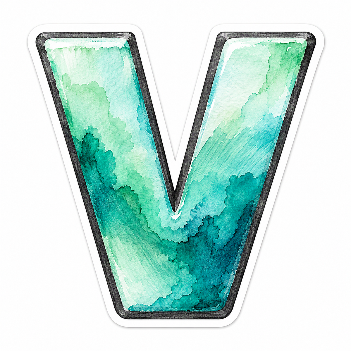 Seafoam Watercolor Charcoal Border Letter V Vinyl Decal Stickers