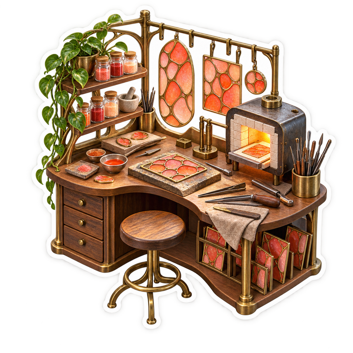 Coral Enamel Workshop With Glowing Furnace Art Vinyl Decal Stickers