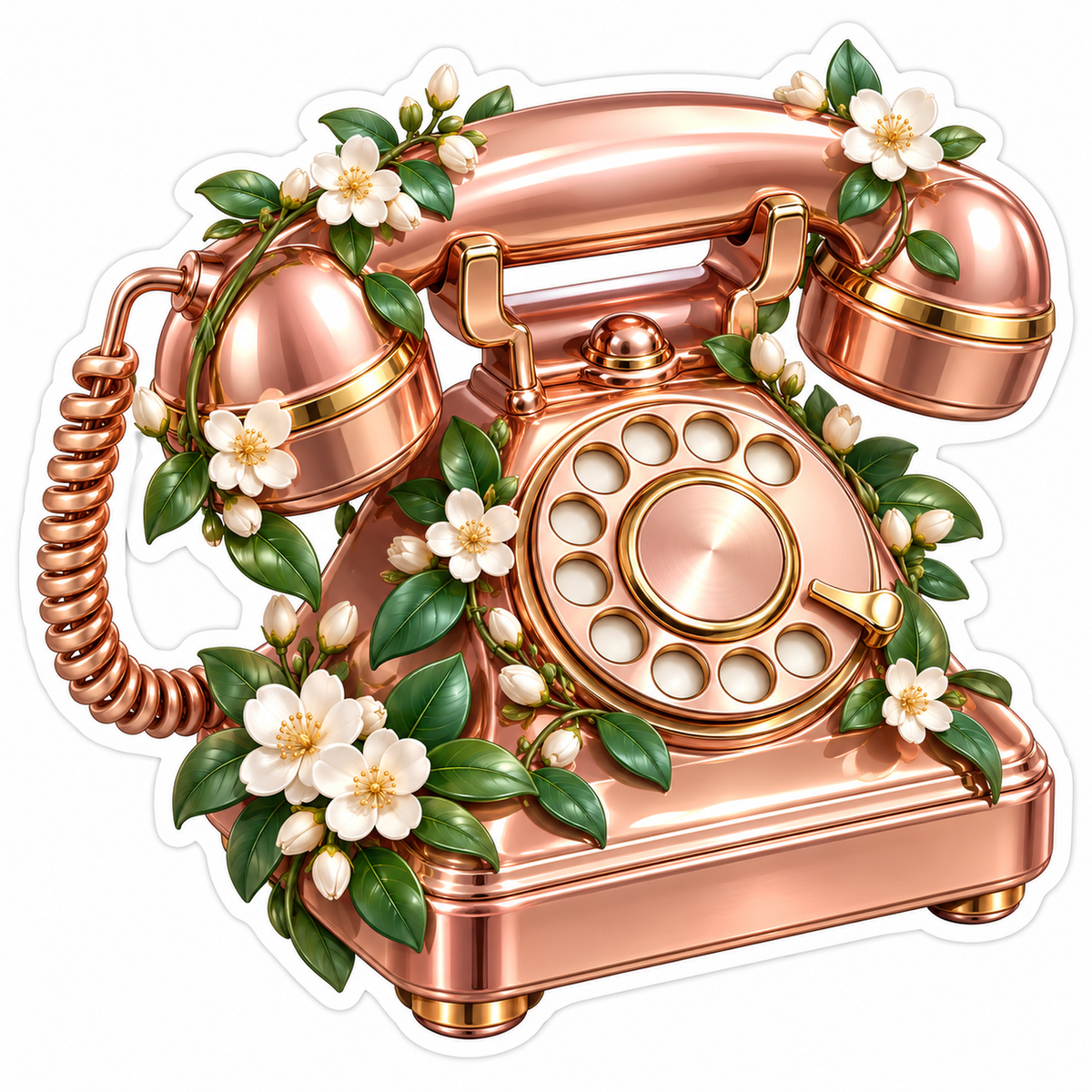 Rose Gold Rotary Phone With White Blossoms Art Vinyl Decal Stickers