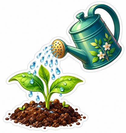 Teal Watering Can Pouring over Seedling Vinyl Decal Stickers