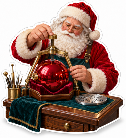 Santa Adjusting a Red Glass Ball in Brass Frame Vinyl Decal Stickers