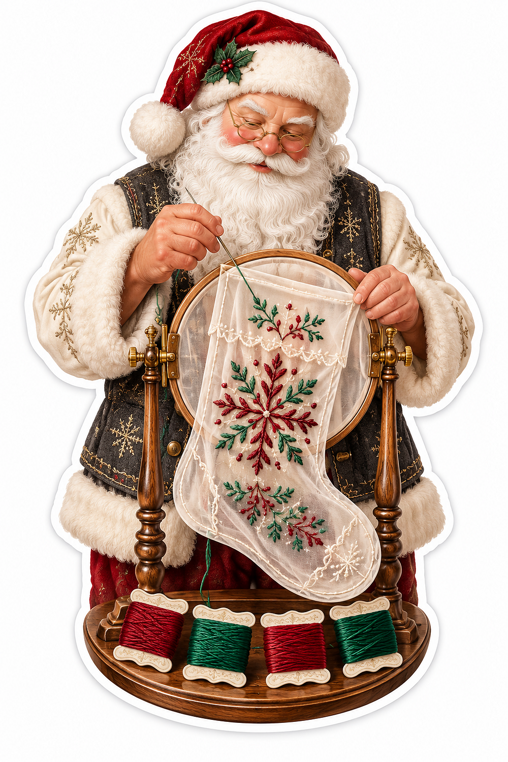 Santa Stitching Flowers on a Cream Stocking Vinyl Decal Stickers