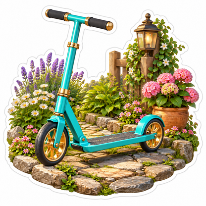 Turquoise Kick Scooter on Flower Garden Path Art Vinyl Decal Stickers
