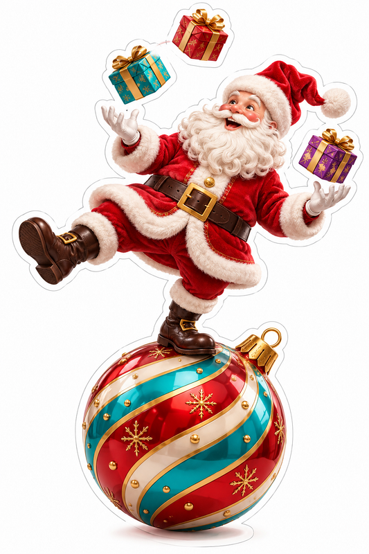 Santa Juggling Gifts on Striped Ornament Vinyl Decal Stickers