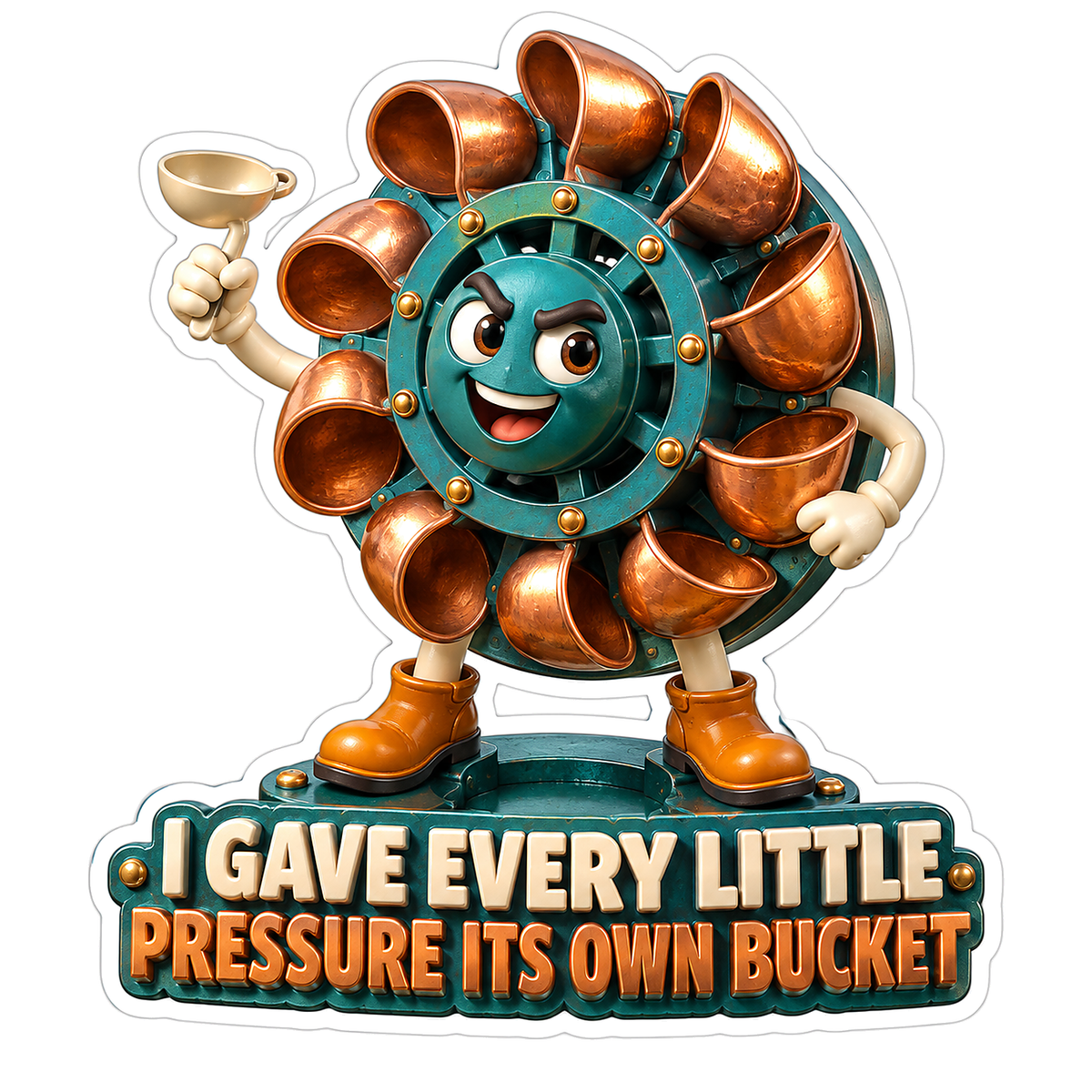 Teal Wheel Character With Copper Cups Vinyl Decal Stickers