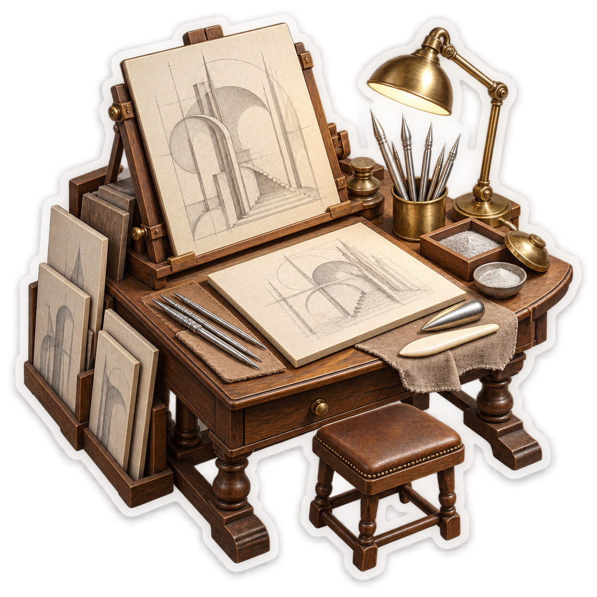 Architectural Sketch Desk with Golden Lamp Vinyl Decal Stickers